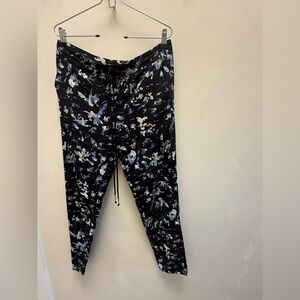 SUNCOO Black Pants with Blue and White Floral Design